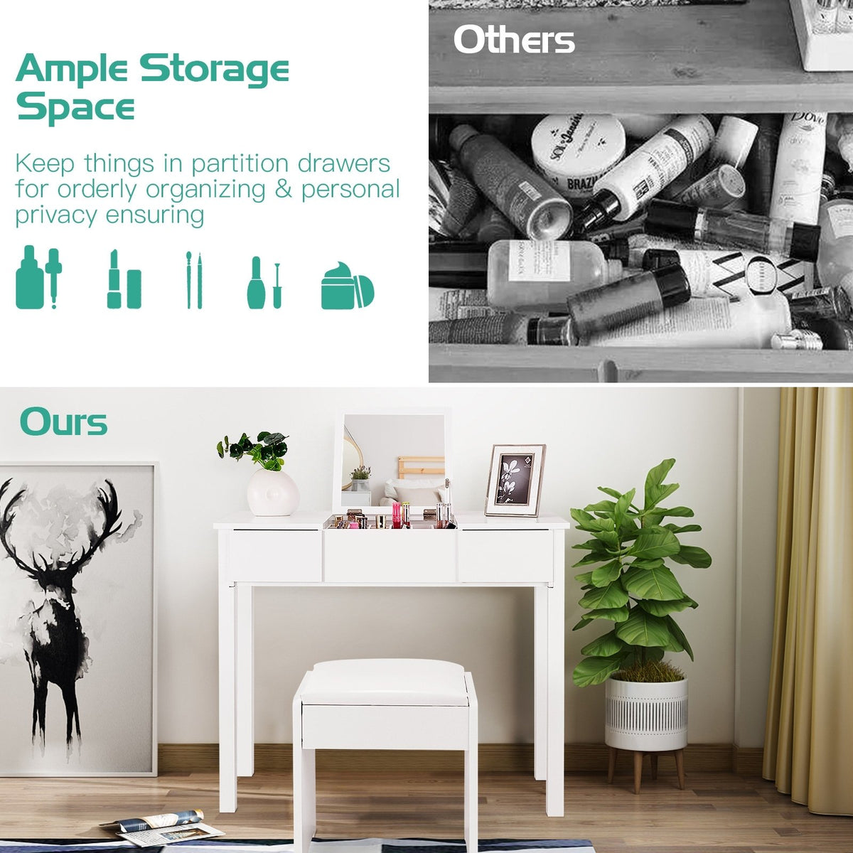 Vanity Makeup Dressing Table Set with Flip Top Mirror and Cushioned Stool-White view 7