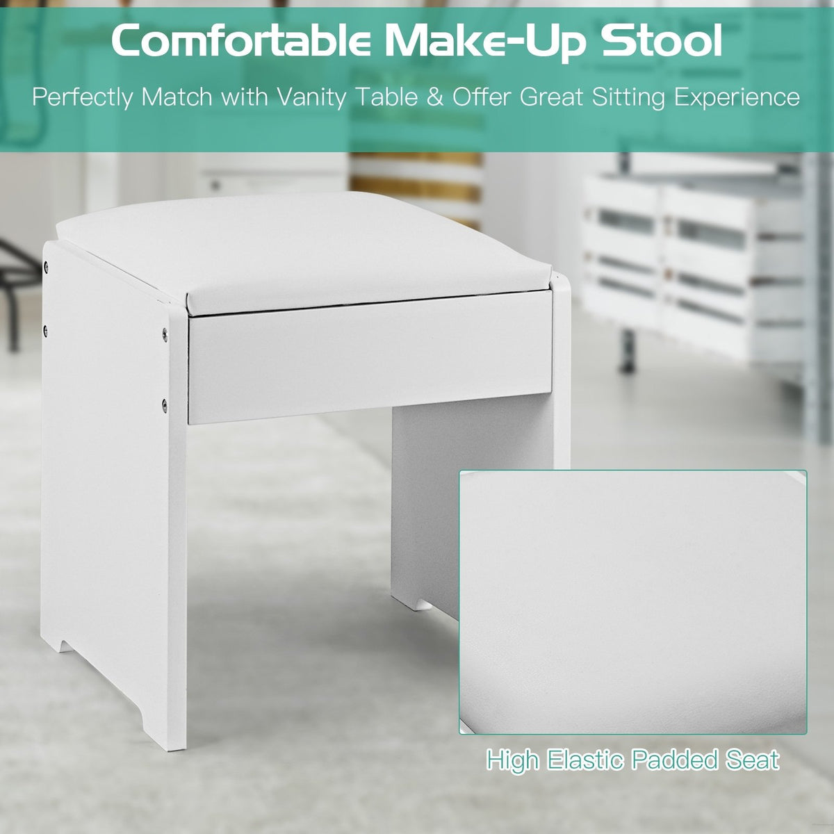 Vanity Makeup Dressing Table Set with Flip Top Mirror and Cushioned Stool-White view 8