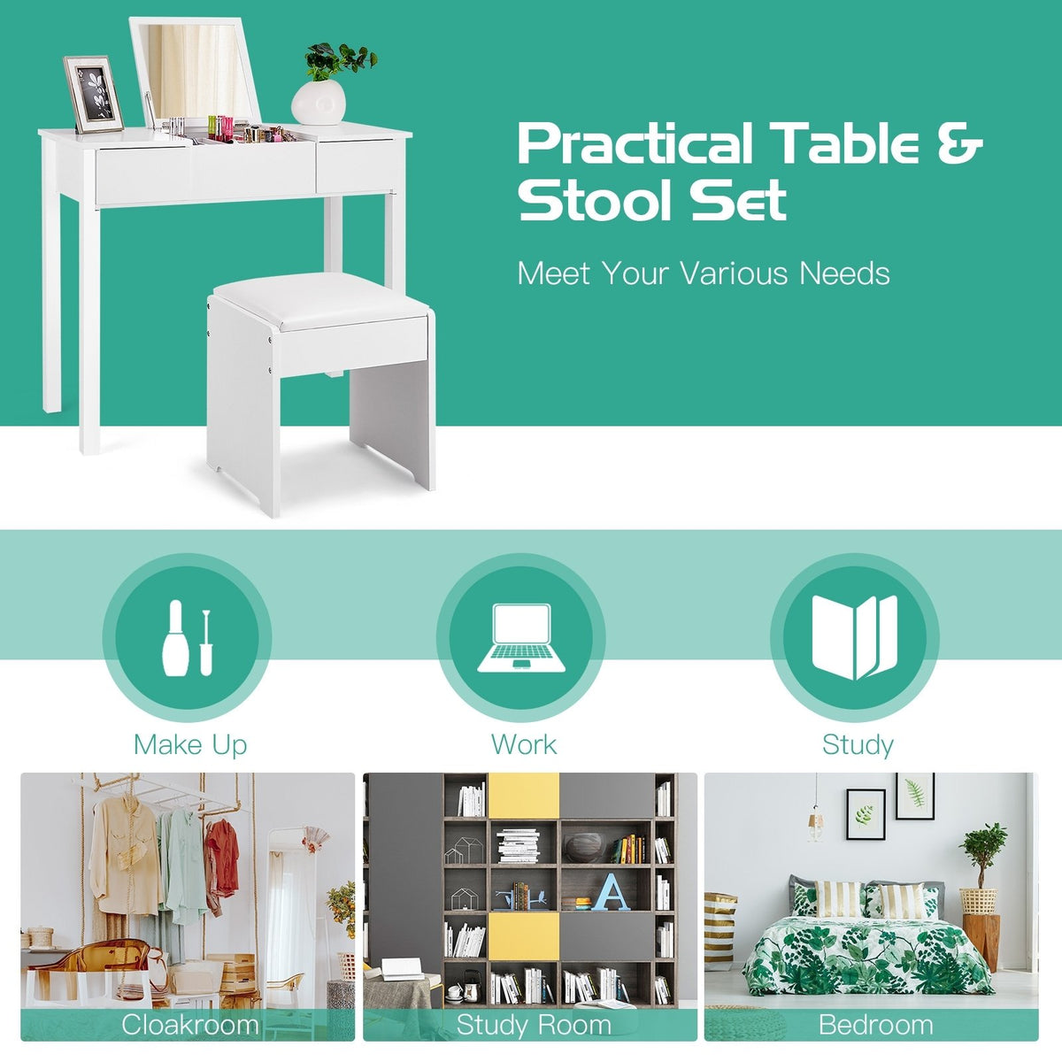 Vanity Makeup Dressing Table Set with Flip Top Mirror and Cushioned Stool-White view 9