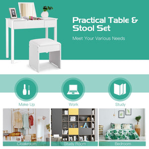 Vanity Makeup Dressing Table Set with Flip Top Mirror and Cushioned Stool-White view 9