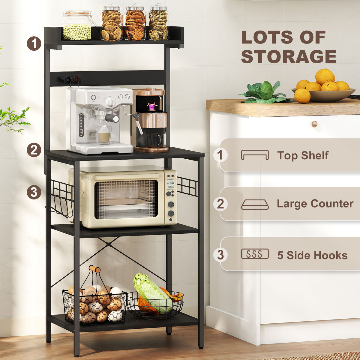 Kitchen Baker's Rack with Power Outlet, Coffee Bar Station with Adjustable Shelves and Hooks – view 40