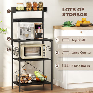 Kitchen Baker's Rack with Power Outlet, Coffee Bar Station with Adjustable Shelves and Hooks – view 40
