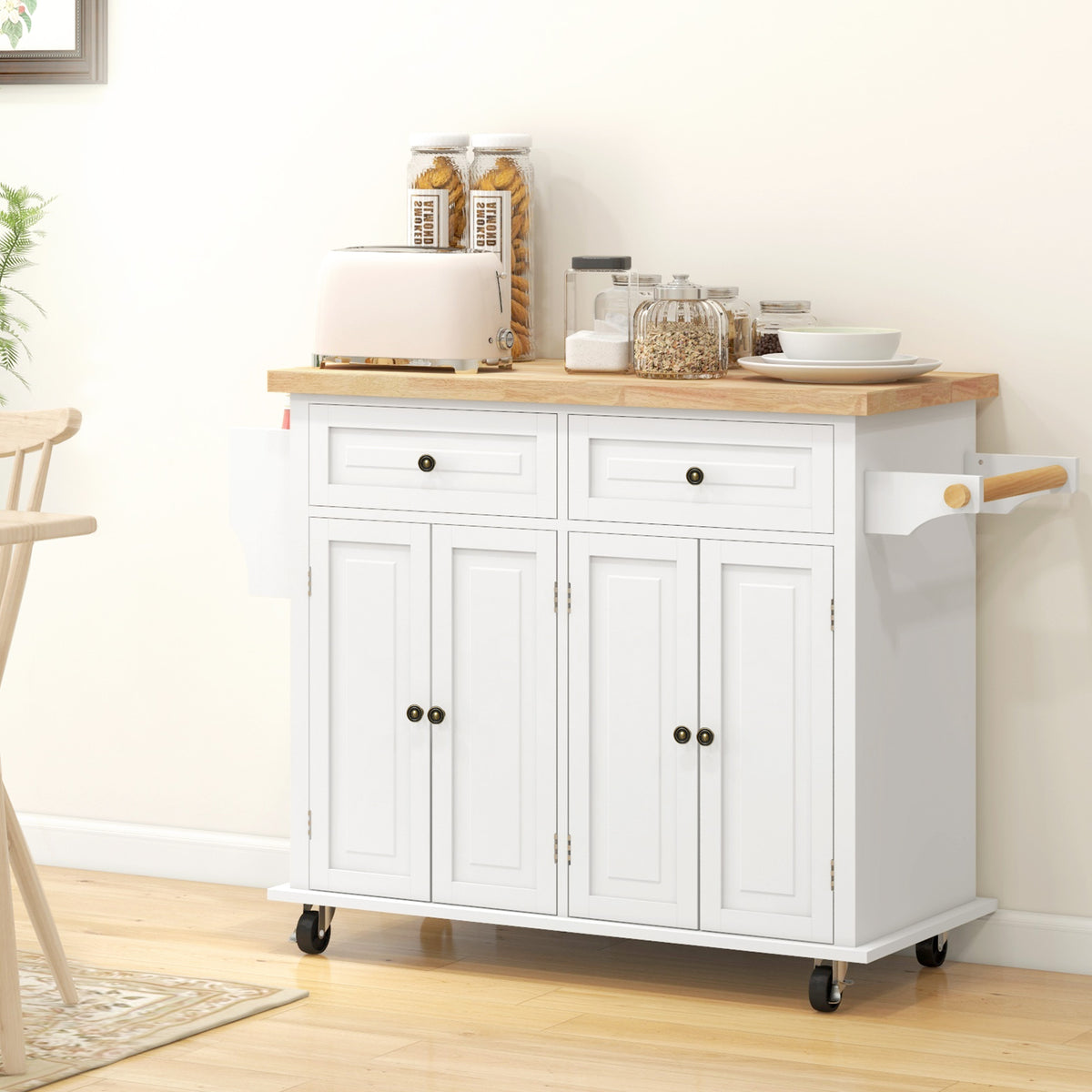 Kitchen Island with Storage, Rolling Trolley Cart with Rubber Wood Top, Spice Rack, Towel Rack, Brown Oak – view 28