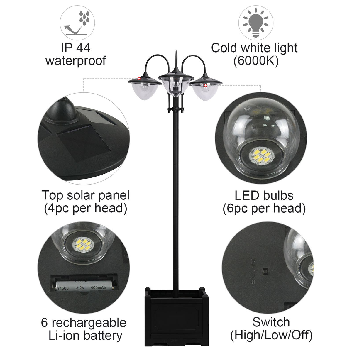 3-head LED Solar Light Lamp Street Light Post with Planter, Solar-powered Lamp Post, Black