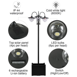 3-head LED Solar Light Lamp Street Light Post with Planter, Solar-powered Lamp Post, Black