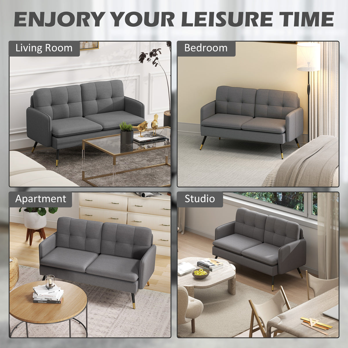 55" Loveseat Sofa, Linen Love Seat w/ S spring, Steel Legs and Button Tufting, Small Couch for Living Room – view 6