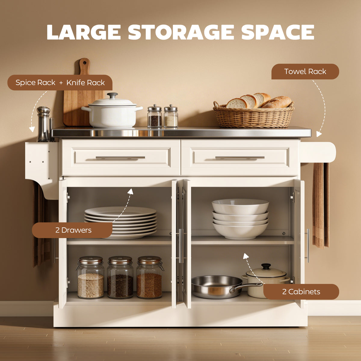 Stainless Steel Kitchen Island with Storage and Stainless Steel Top, Kitchen Trolley with Drawers – view 25