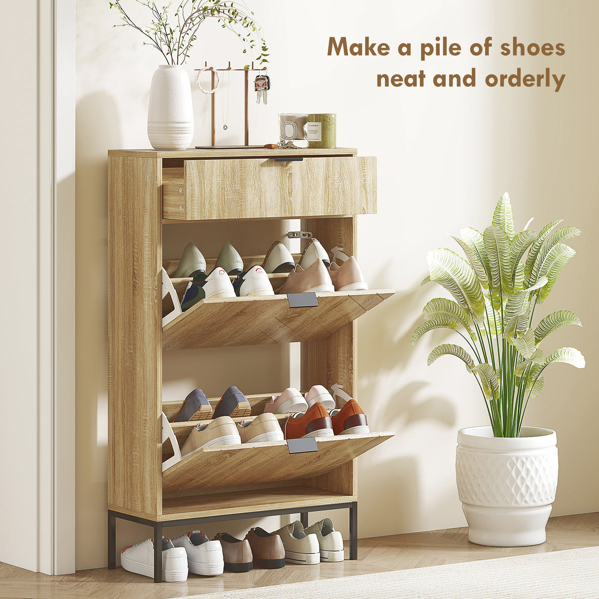 Narrow Shoe Storage Cabinet with Flip Drawers, Shoe Cabinet with Adjustable Shelves, Sliding Drawer, Holds 8 Pairs, Oak
