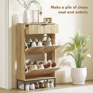 Narrow Shoe Storage Cabinet with Flip Drawers, Shoe Cabinet with Adjustable Shelves, Sliding Drawer, Holds 8 Pairs, Oak