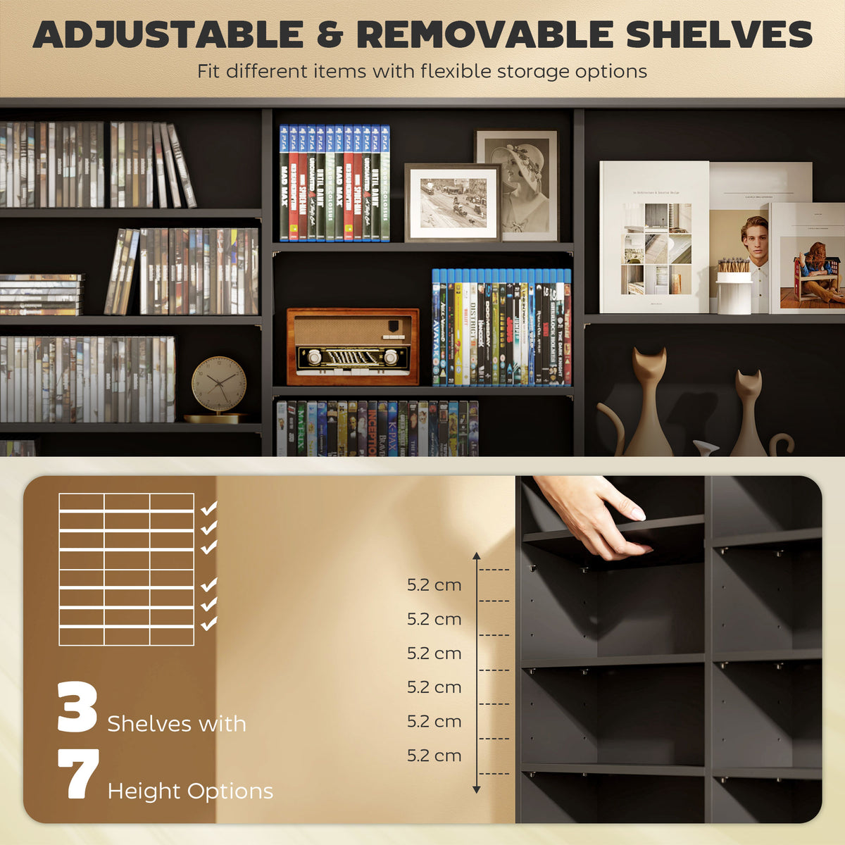Media Storage Cabinet, 8-Tier DVD Shelf with 18 Adjustable Shelves, Holds 1032 CDs, 594 DVDs or Blu-rays – view 4