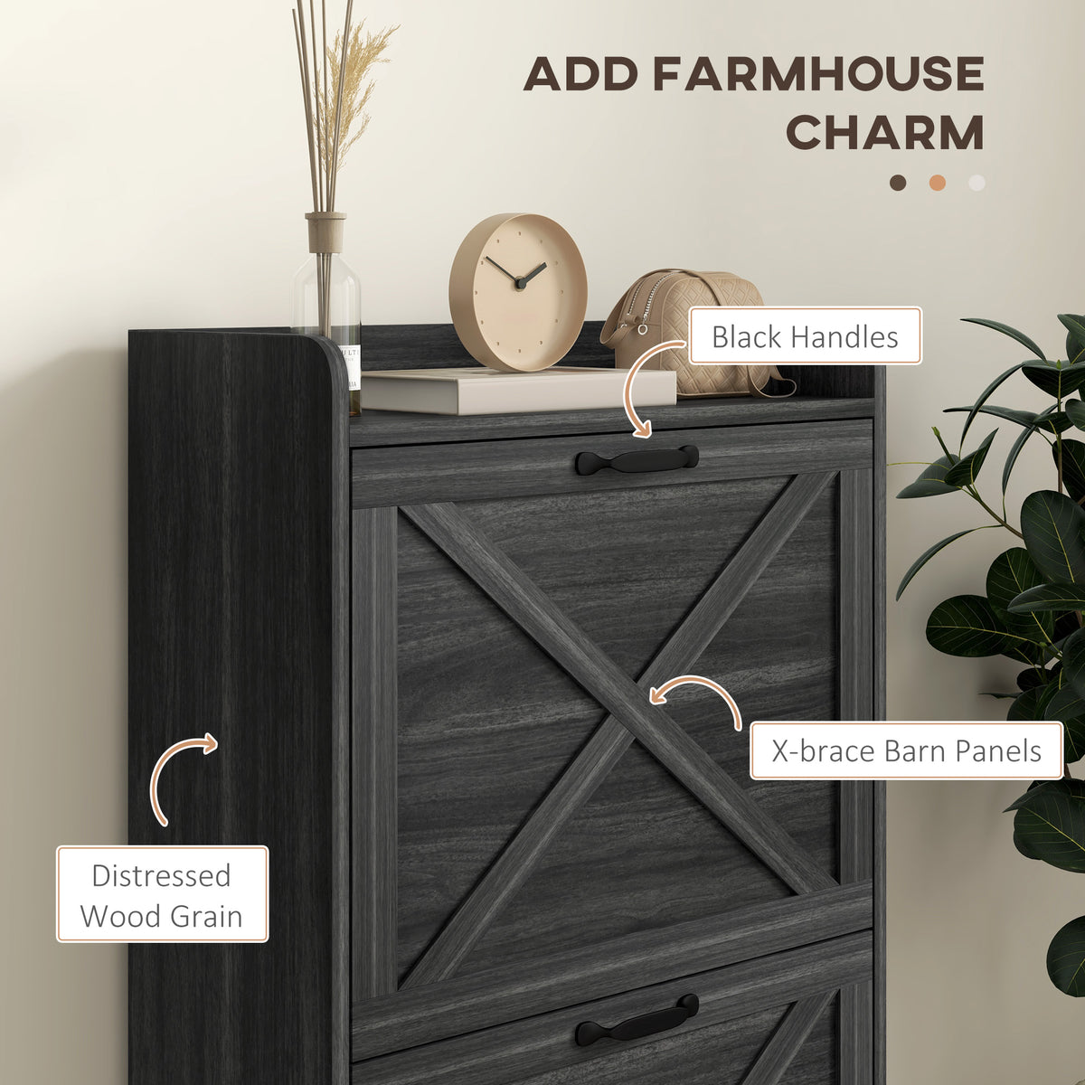Slim Shoe Storage Cabinet, Farmhouse Shoe Cabinet with 2 Flip Drawers, Adjustable Shelves for 8 Pairs, Distressed Grey