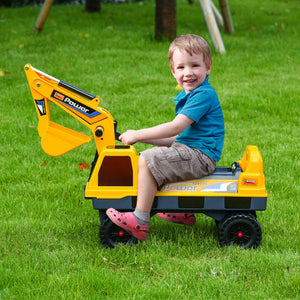 Qaba No Power Ride On Excavator Construction Digger Multi-Functional Truck Toy with 2 in 1 Design Detachable Digging Bucket and Grab Bucket, Music, Light, Yellow