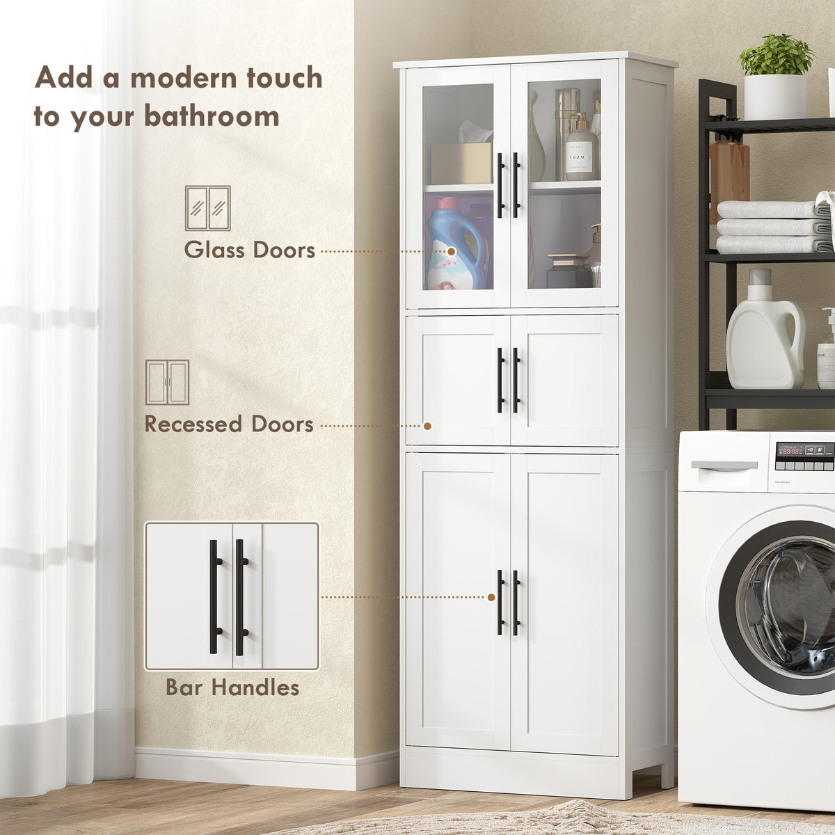67" Tall Bathroom Storage Cabinet, Modern Freestanding Bathroom Cabinet with Glass Doors and Adjustable Shelves, White