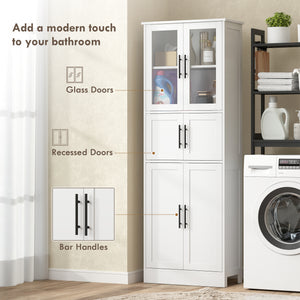 67" Tall Bathroom Storage Cabinet, Modern Freestanding Bathroom Cabinet with Glass Doors and Adjustable Shelves, White