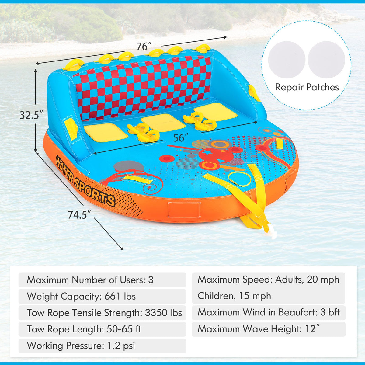 Boating 3 Riders Towable Tube Water Sport Towables Sofa Pull Tube with Nylon Cover view 4