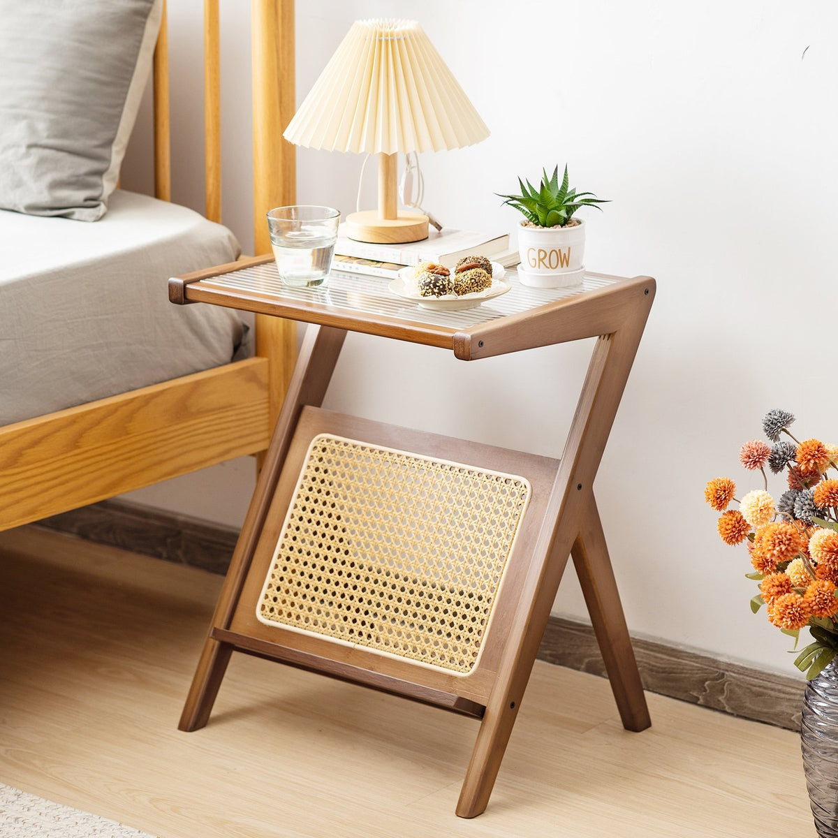 Boho End Table with Magazine Rack and Tempered Glass Top-Walnut view 3