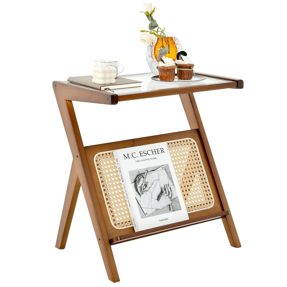 Boho End Table with Magazine Rack and Tempered Glass Top-Walnut view 4