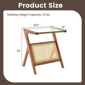 Boho End Table with Magazine Rack and Tempered Glass Top-Walnut view 5