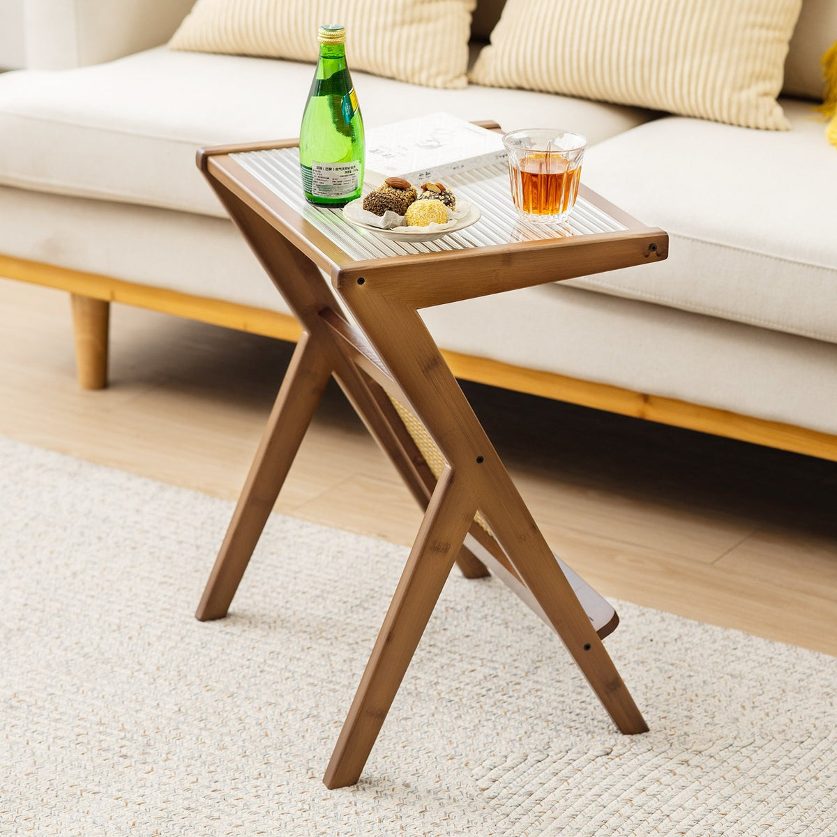 Boho End Table with Magazine Rack and Tempered Glass Top-Walnut view 6