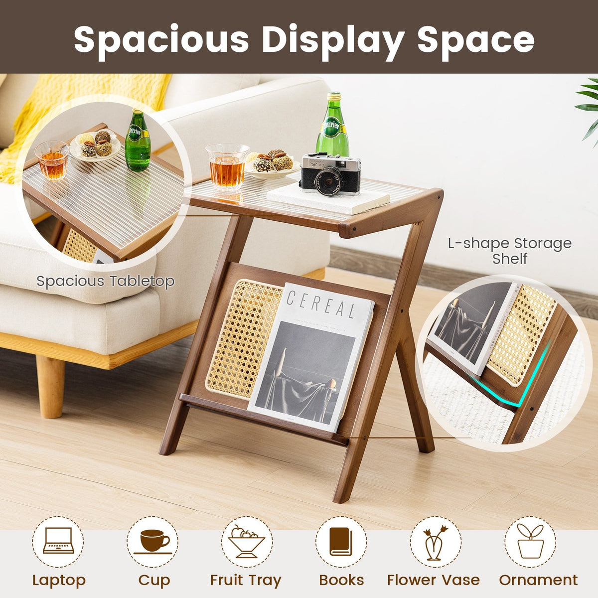 Boho End Table with Magazine Rack and Tempered Glass Top-Walnut view 7