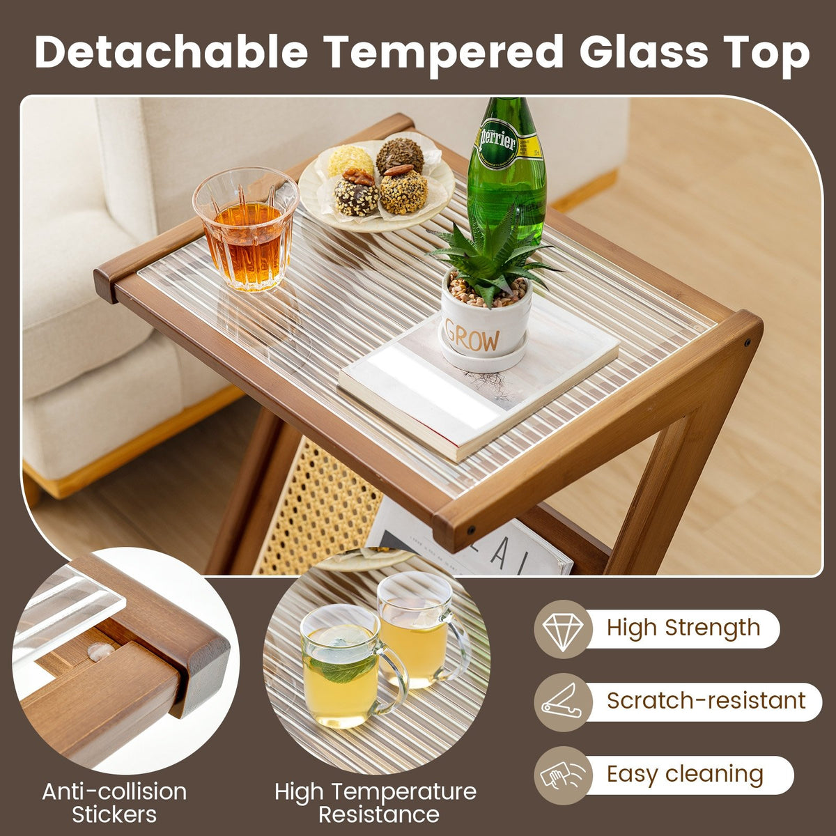 Boho End Table with Magazine Rack and Tempered Glass Top-Walnut view 8