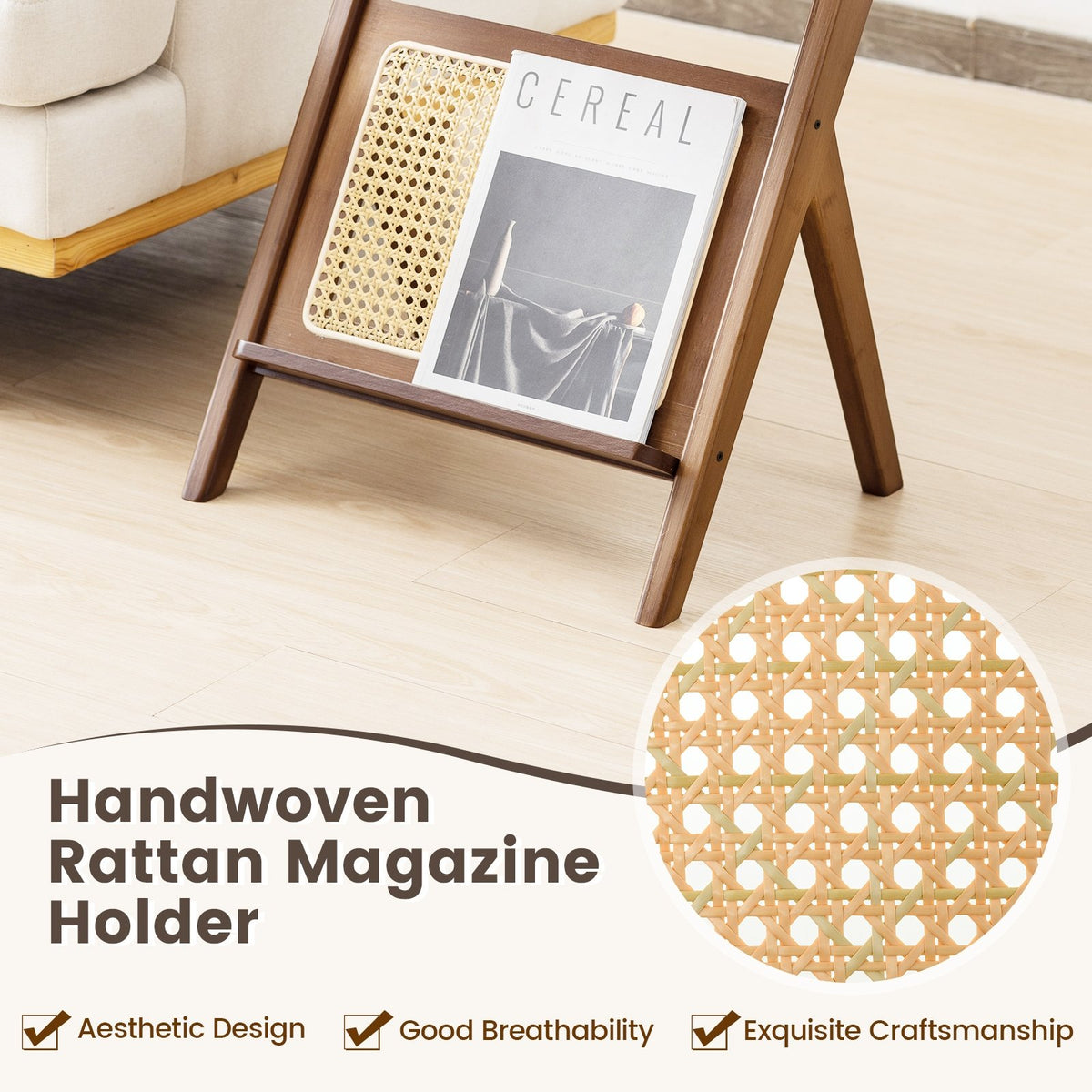 Boho End Table with Magazine Rack and Tempered Glass Top-Walnut view 9