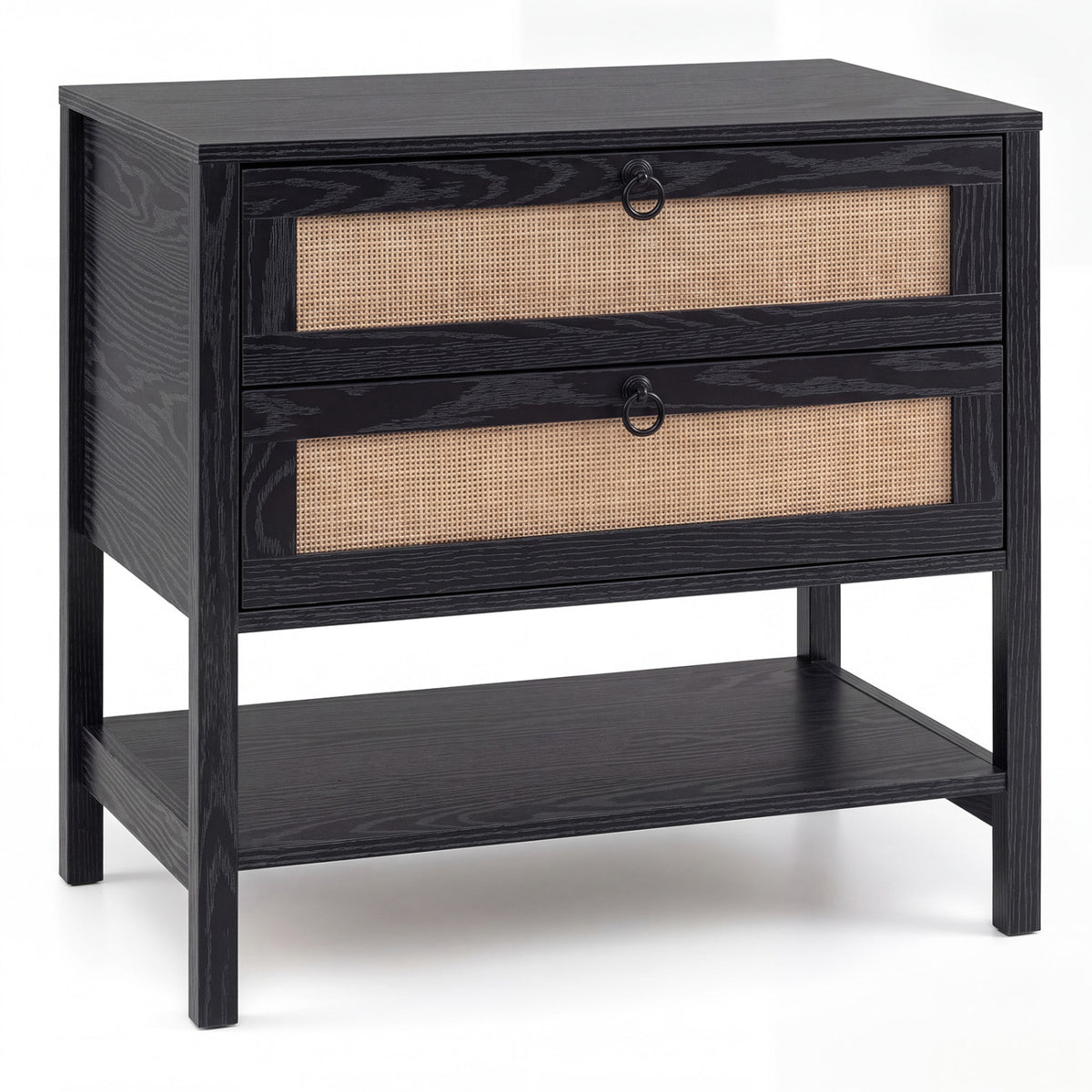 Boho Rattan Nightstand with 2 Drawers and Bottom Open Shelf-Black