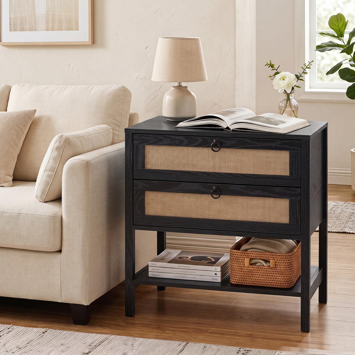 Boho Rattan Nightstand with 2 Drawers and Bottom Open Shelf-Black view 3