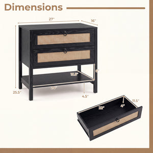 Boho Rattan Nightstand with 2 Drawers and Bottom Open Shelf-Black view 5