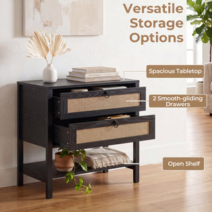 Boho Rattan Nightstand with 2 Drawers and Bottom Open Shelf-Black view 6