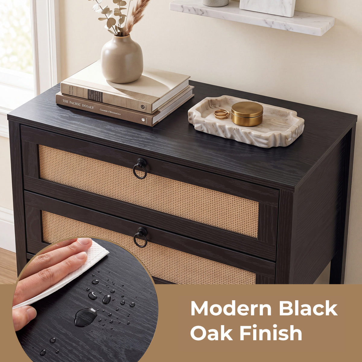 Boho Rattan Nightstand with 2 Drawers and Bottom Open Shelf-Black view 7