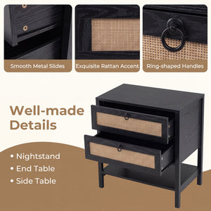 Boho Rattan Nightstand with 2 Drawers and Bottom Open Shelf-Black view 8