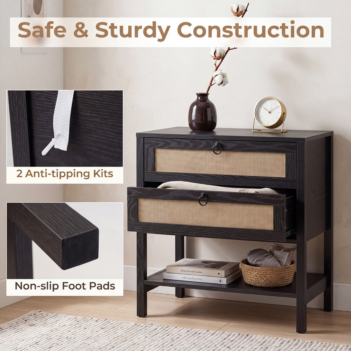 Boho Rattan Nightstand with 2 Drawers and Bottom Open Shelf-Black view 9