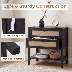 Boho Rattan Nightstand with 2 Drawers and Bottom Open Shelf-Black view 9