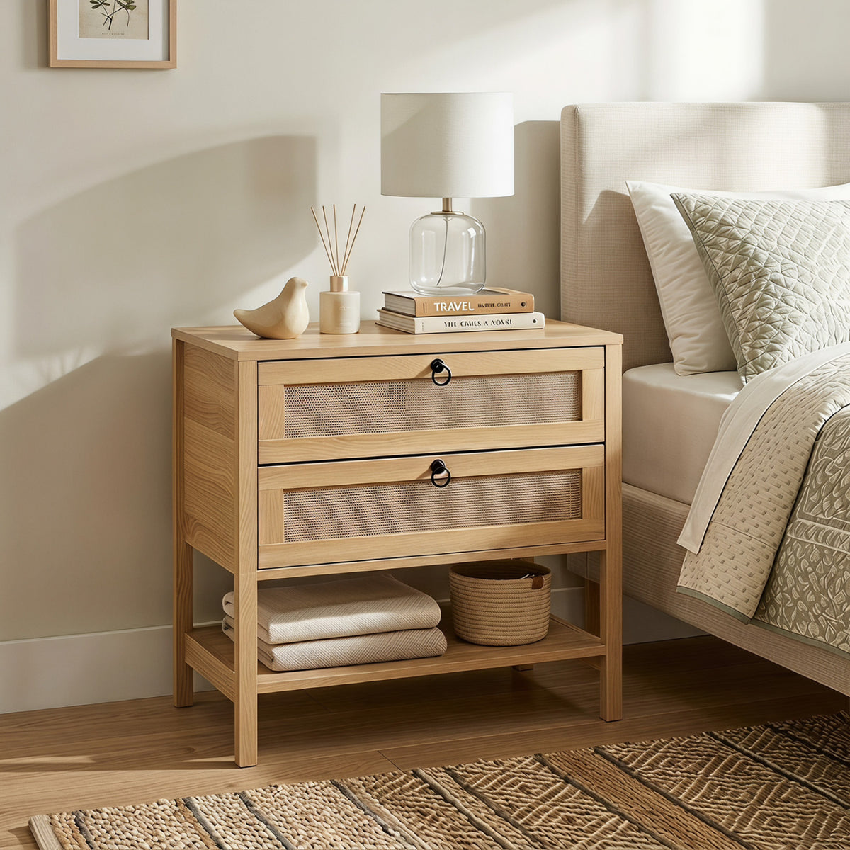 Boho Rattan Nightstand with 2 Drawers and Bottom Open Shelf-Natural view 2