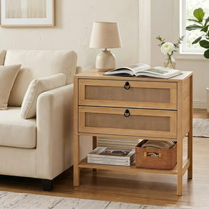 Boho Rattan Nightstand with 2 Drawers and Bottom Open Shelf-Natural view 3