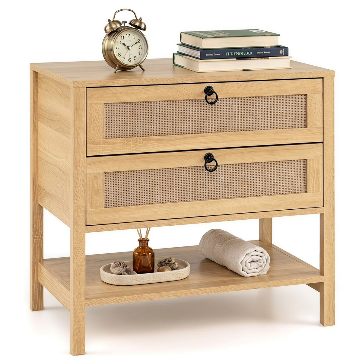 Boho Rattan Nightstand with 2 Drawers and Bottom Open Shelf-Natural view 4