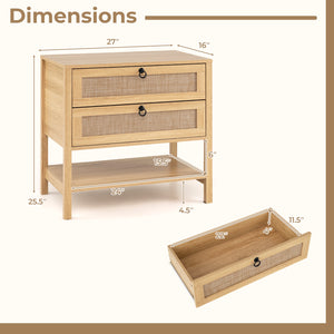 Boho Rattan Nightstand with 2 Drawers and Bottom Open Shelf-Natural view 5