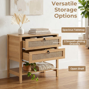 Boho Rattan Nightstand with 2 Drawers and Bottom Open Shelf-Natural view 6