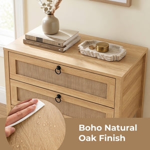 Boho Rattan Nightstand with 2 Drawers and Bottom Open Shelf-Natural view 7