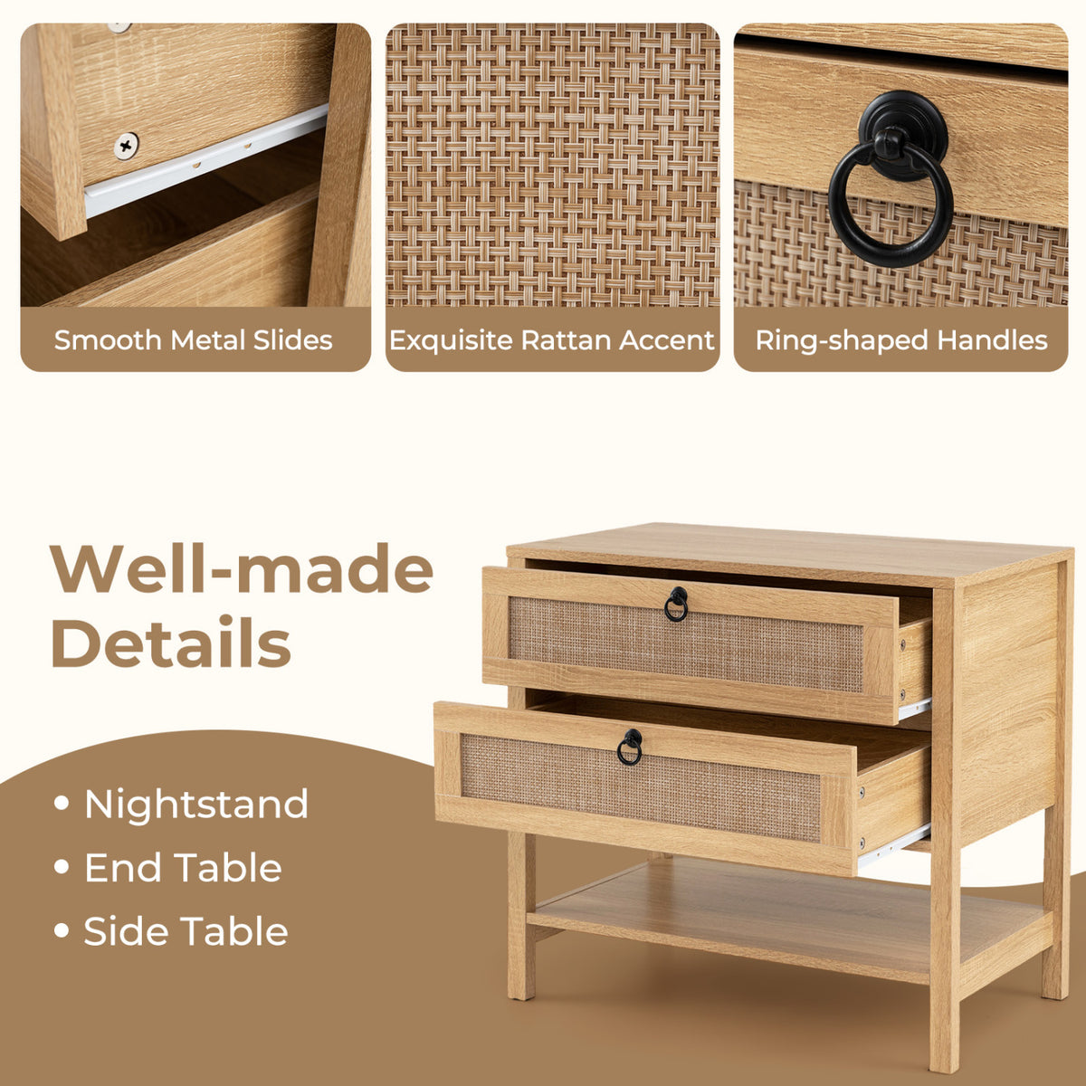 Boho Rattan Nightstand with 2 Drawers and Bottom Open Shelf-Natural view 8