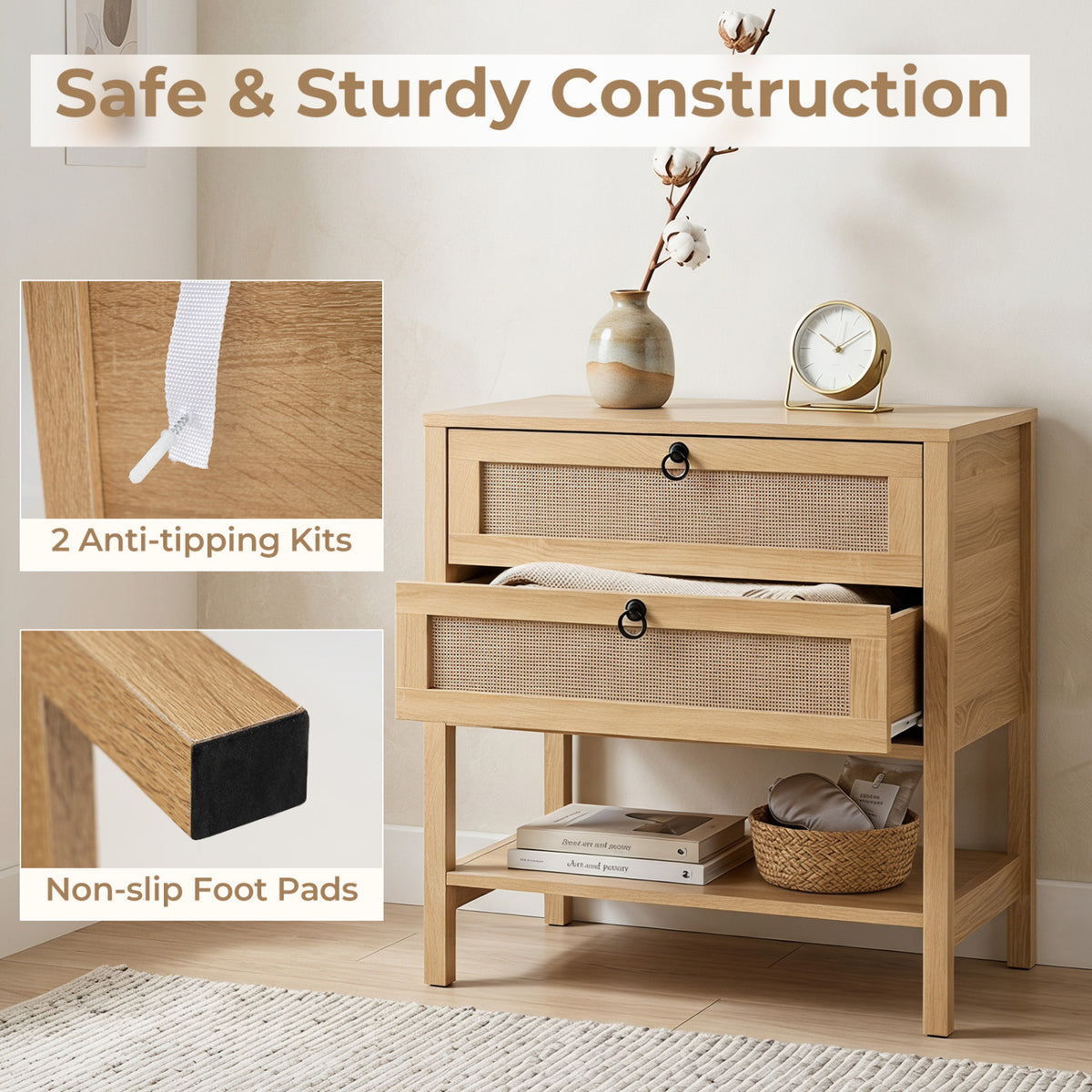 Boho Rattan Nightstand with 2 Drawers and Bottom Open Shelf-Natural view 9