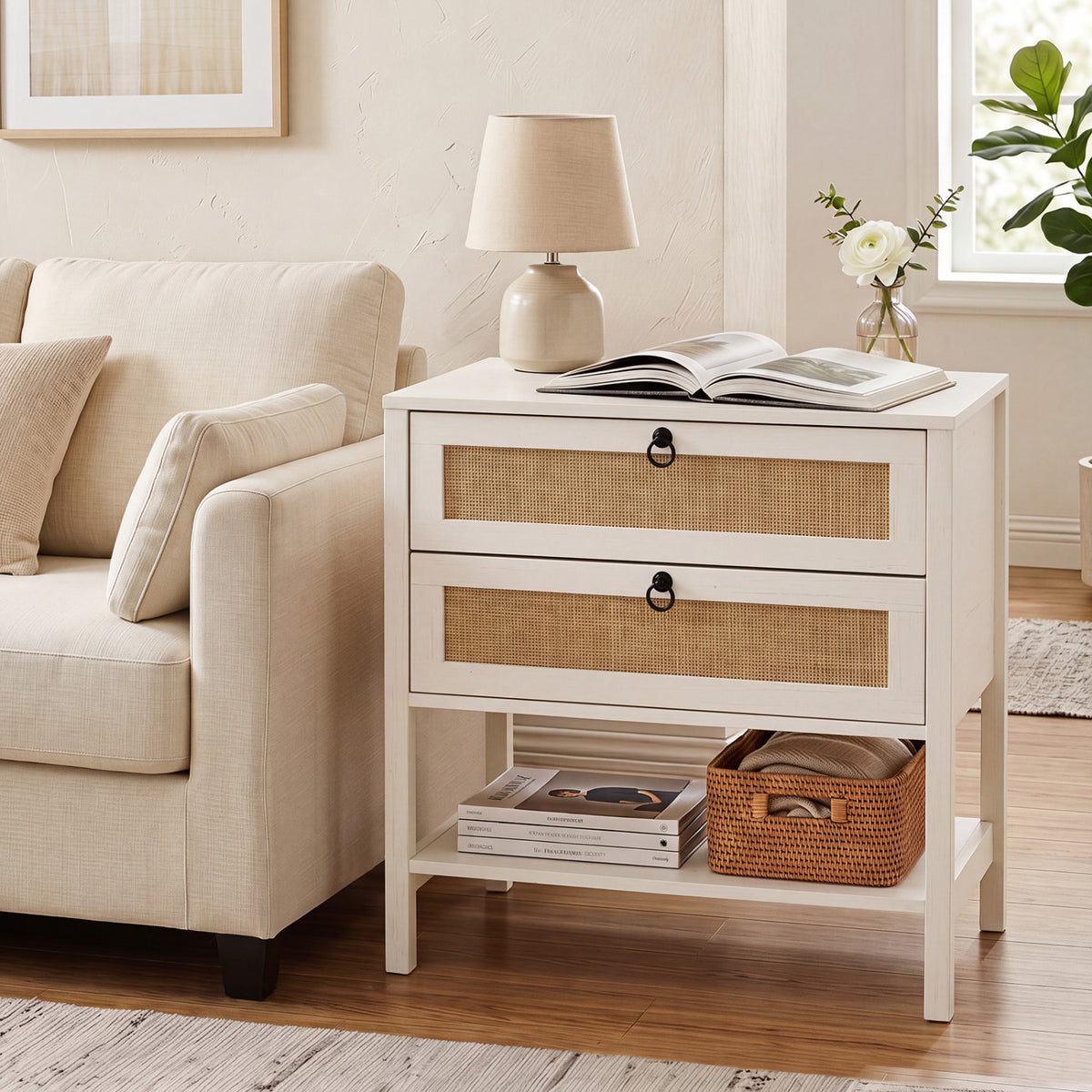 Boho Rattan Nightstand with 2 Drawers and Bottom Open Shelf-White view 2