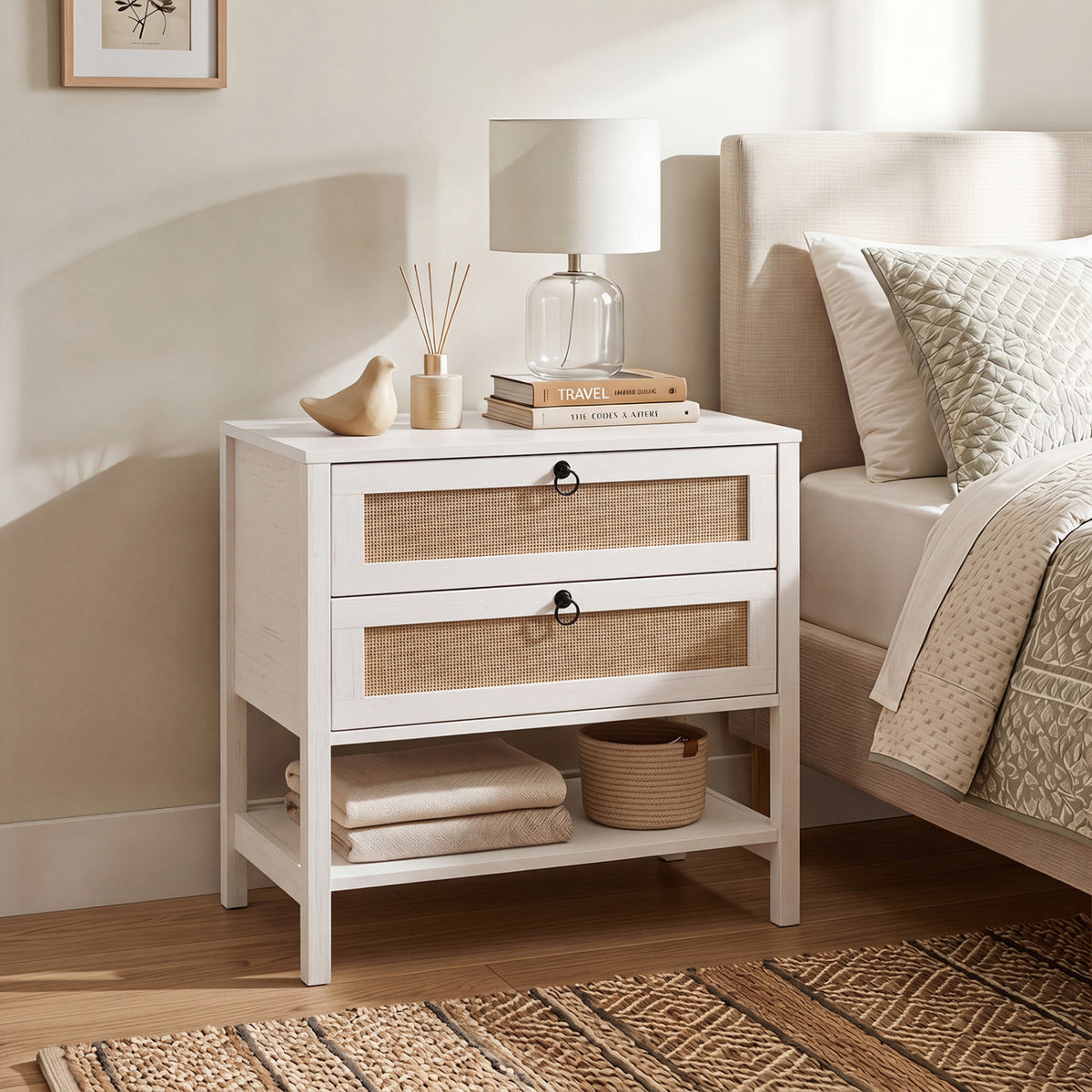 Boho Rattan Nightstand with 2 Drawers and Bottom Open Shelf-White view 3