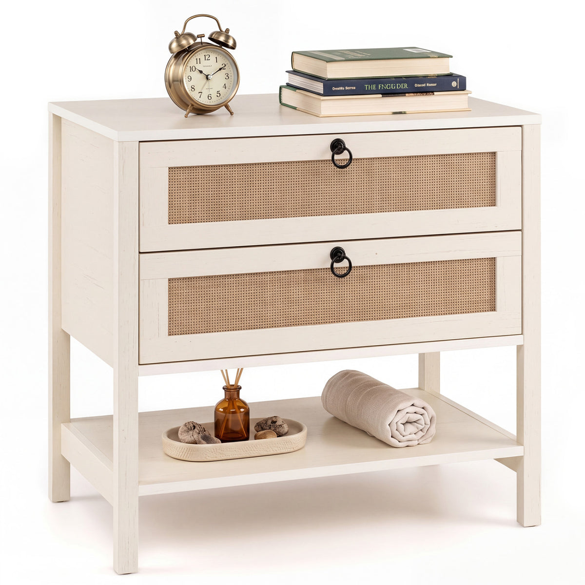 Boho Rattan Nightstand with 2 Drawers and Bottom Open Shelf-White view 4