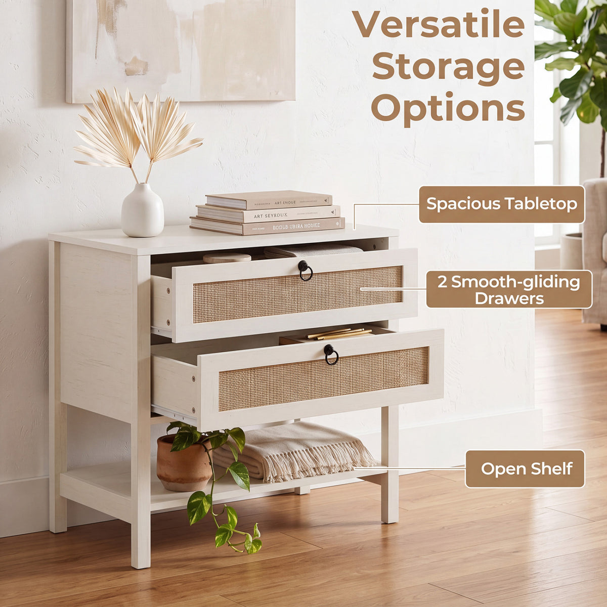 Boho Rattan Nightstand with 2 Drawers and Bottom Open Shelf-White view 6