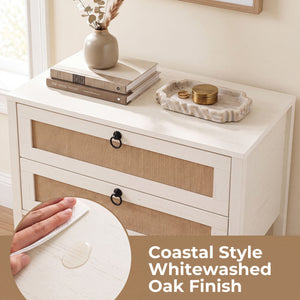 Boho Rattan Nightstand with 2 Drawers and Bottom Open Shelf-White view 7