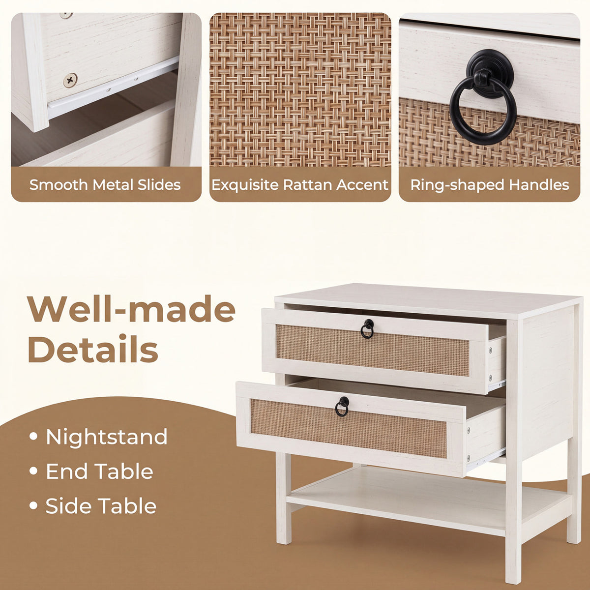 Boho Rattan Nightstand with 2 Drawers and Bottom Open Shelf-White view 8