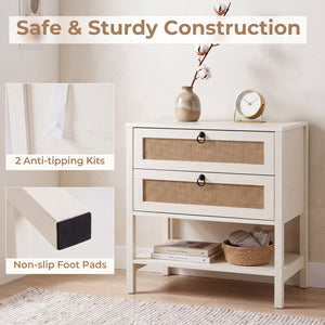 Boho Rattan Nightstand with 2 Drawers and Bottom Open Shelf-White view 9