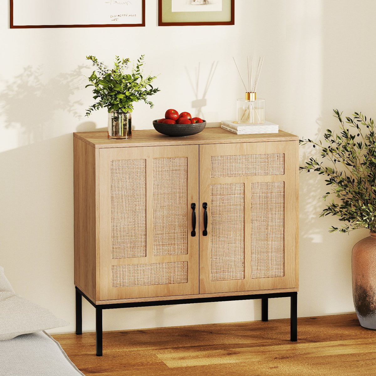 Boho Storage Cabinet with Asymmetrical Pattern Doors for Kitchen-Natural view 2